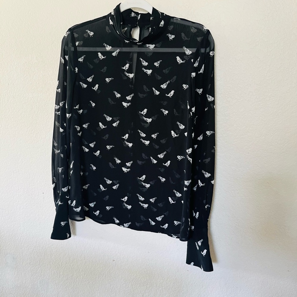 Forever 21 Black Sheer Bird Print Long Sleeve Blouse